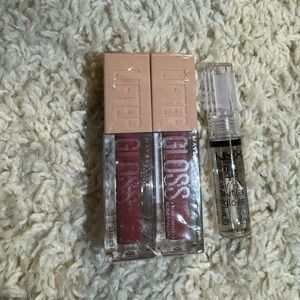 Maybelline (in color Petal) and NYX clear gloss.